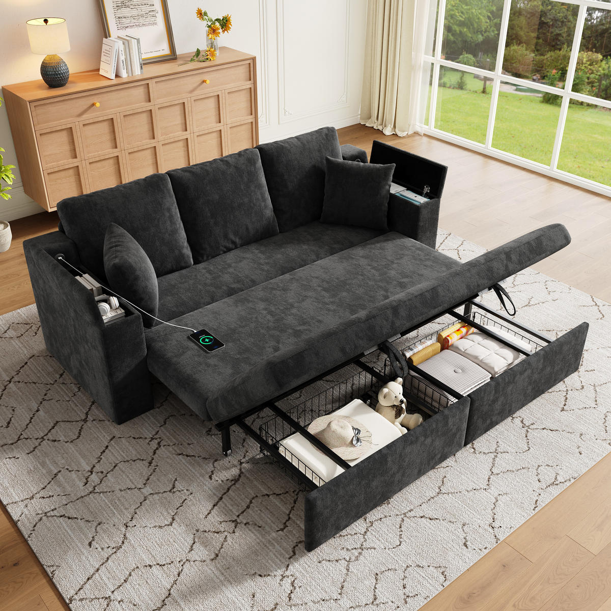 SCHLAFSOFA mit Schlaffunktion, USB, Stauraum, Grau, 210,5/192/93 cm - Grau, Textil (210.5/93/192cm) - EVRYAE
