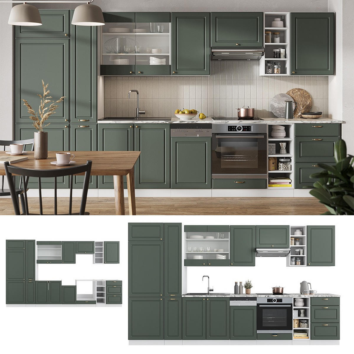 KÜCHENZEILE Fame-Line Grün-Gold Landhaus/Weiß 355 cm , AP Anthrazit - Weiß/Grün, Holzwerkstoff (355/206.8/60cm) - Vicco