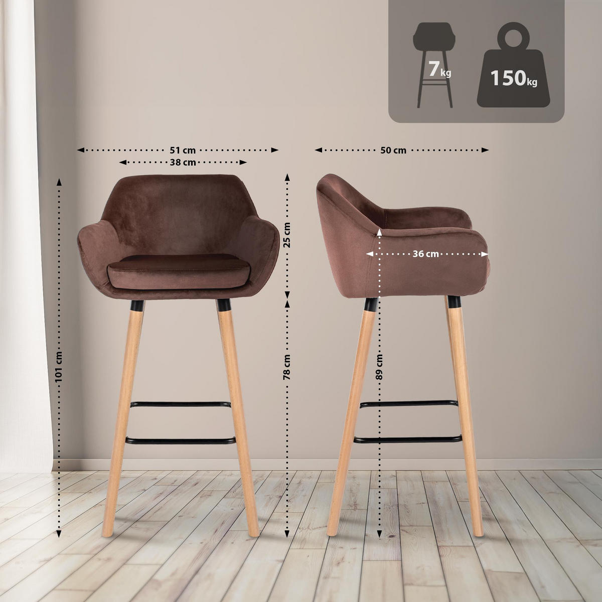BARHOCKER Samt coffee - Hellbraun/Eukalyptusholzfarben, Holz/Textil (51/101/50cm) - CLP