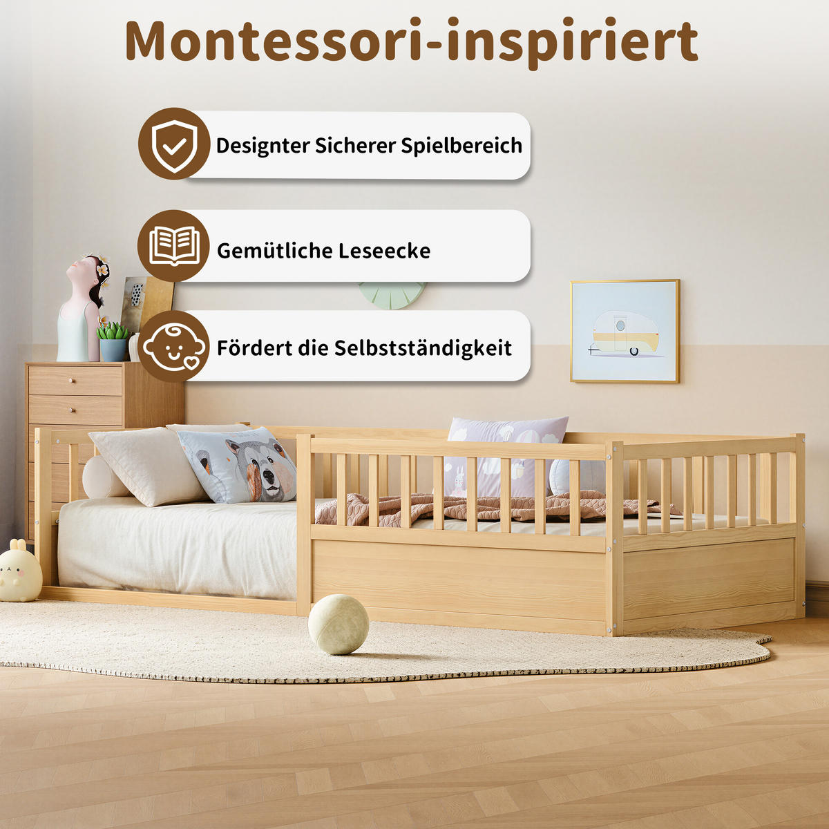 KINDERBETT 90/200 cm in Natur mit Lattenrost und offener Seite - Naturfarben, Holzwerkstoff/Metall (90/200cm) - WISHDOR