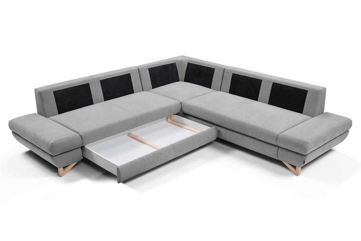 ECKSOFA CASA III R-S Grau Plüsch-Stoff mit Schlaffunktion - Grau, Holz (272/272cm) - MASSENO