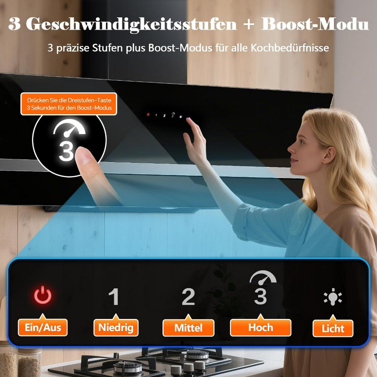 DUNSTABZUGSHAUBE Schräghaube, ABLUFT UND UMLUFT, TOUCH CONTROL, Metall Schwarz, Wandhaube für Küche, 90/40/35 cm - Schwarz, Metall (35.1/44.5/95.4cm) - Rolipo