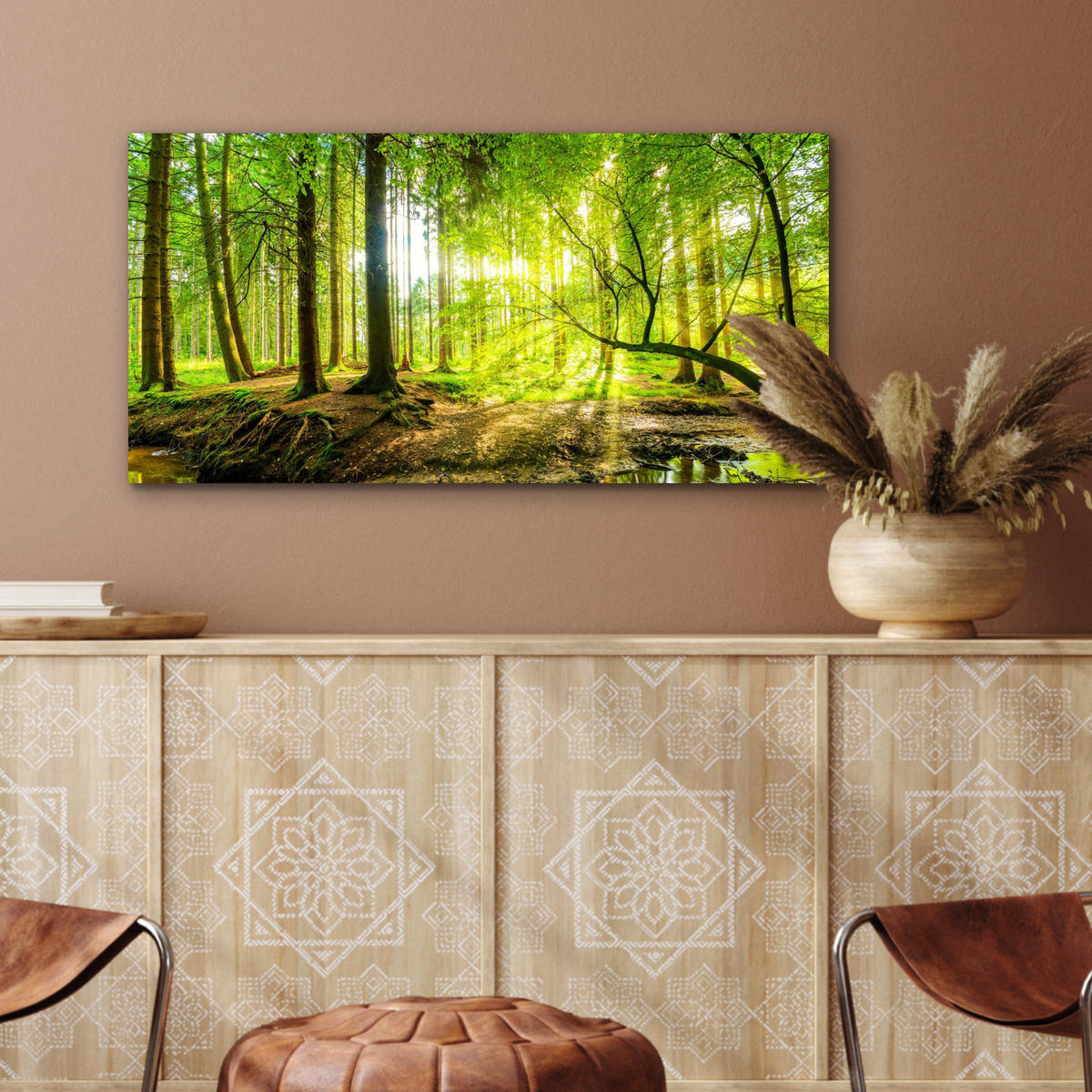 METALLBILD Wald - Landschaft - Wasser - Bäume - Sonne - Grün - Natur 80x40 cm - Grün, Metall (80/40cm) - MuchoWow
