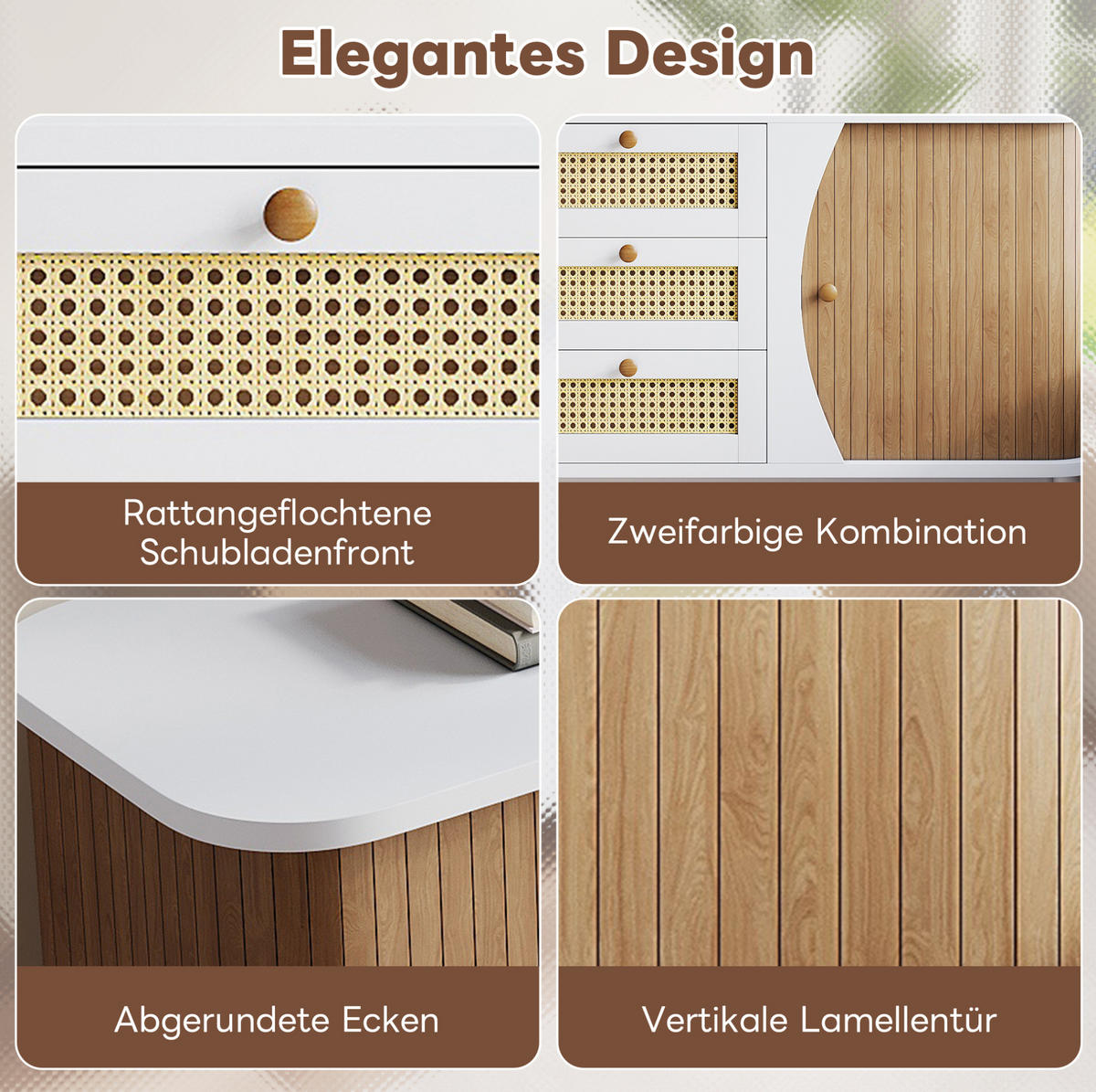 SIDEBOARD 140,5/40/76 cm mit 2 Türen & 3 Rattanschubladen in Weiß/Holzfarbe - Weiß, Holzwerkstoff (140.5/76/40cm) - BEAOK