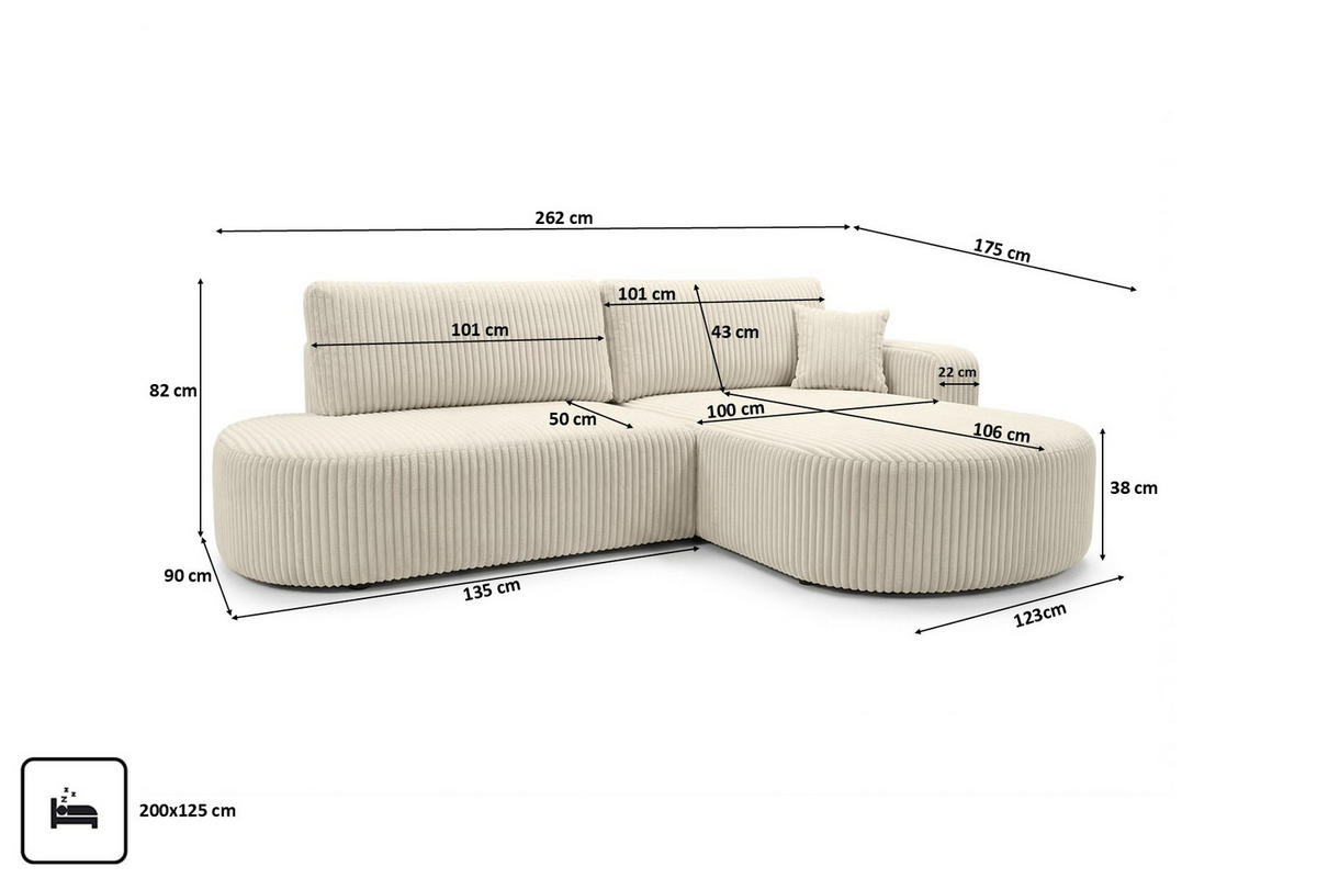 ECKSOFA Mit Schlaffunktion Und Bettkasten, Cordstoff Tilia, Ecru, Rechts, ROUND ONE OPEN XL - Ecru, Holz (262/175cm) - Kaiser Möbel