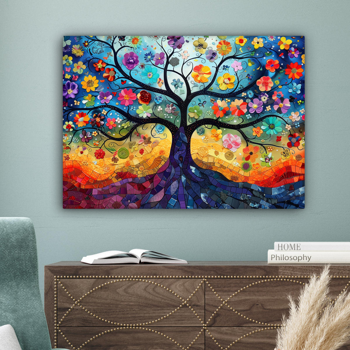 LEINWANDBILD Kunst - Baum des Lebens - Blumen - Hippie Wandbilder 80x60 cm - Dunkelblau, Textil (80/60cm) - MuchoWow