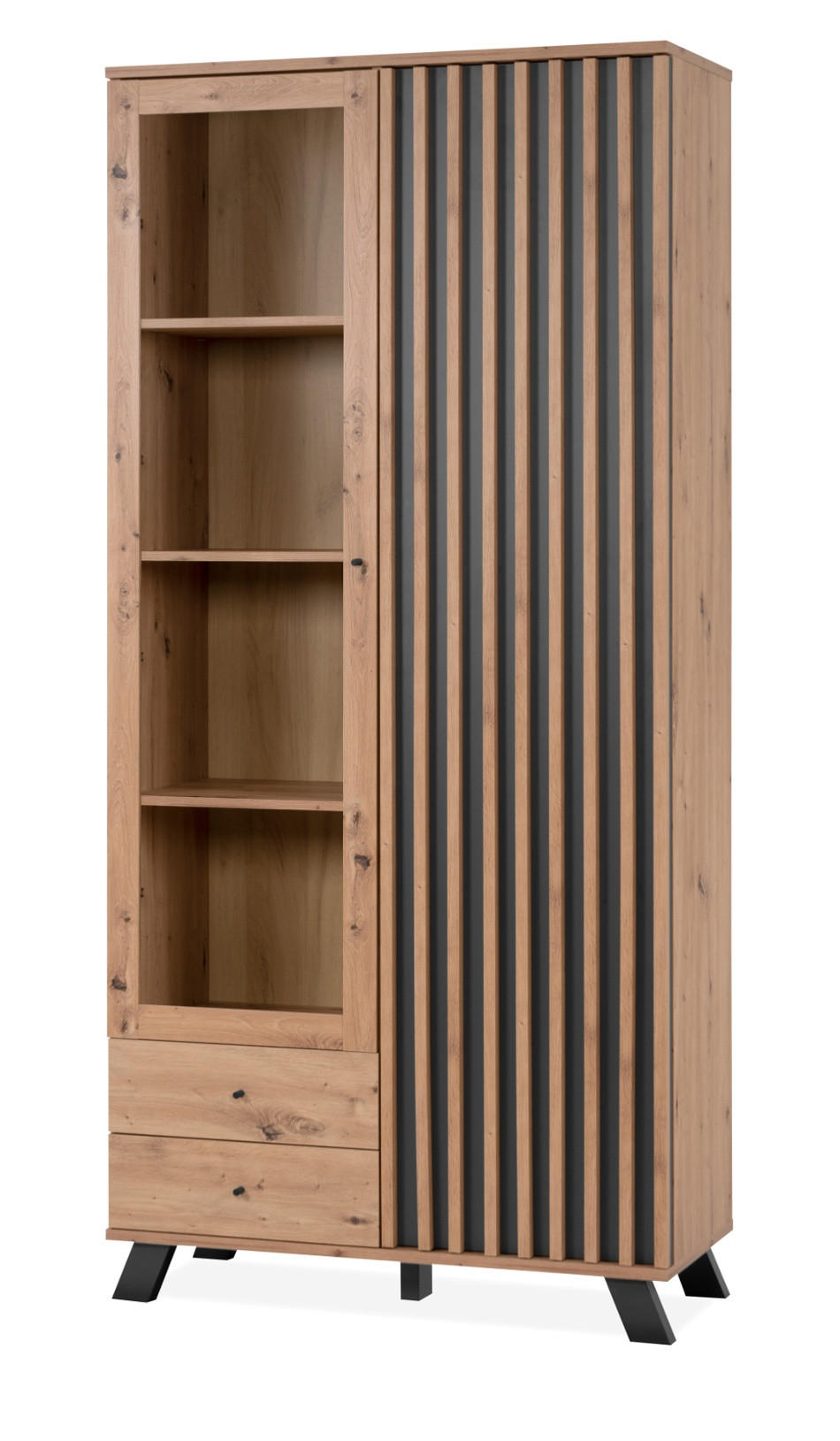 VITRINE Eiche Artisan, anthrazit 92 cm Industrial, Vitrinenschrank mit 3D-Lamellen - Anthrazit/Schwarz, Glas/Holzwerkstoff (92/199/40cm) - Furn.Design