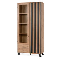 VITRINE Eiche Artisan, anthrazit 92 cm Industrial, Vitrinenschrank mit 3D-Lamellen - Anthrazit/Schwarz, Glas/Holzwerkstoff (92/199/40cm) - Furn.Design