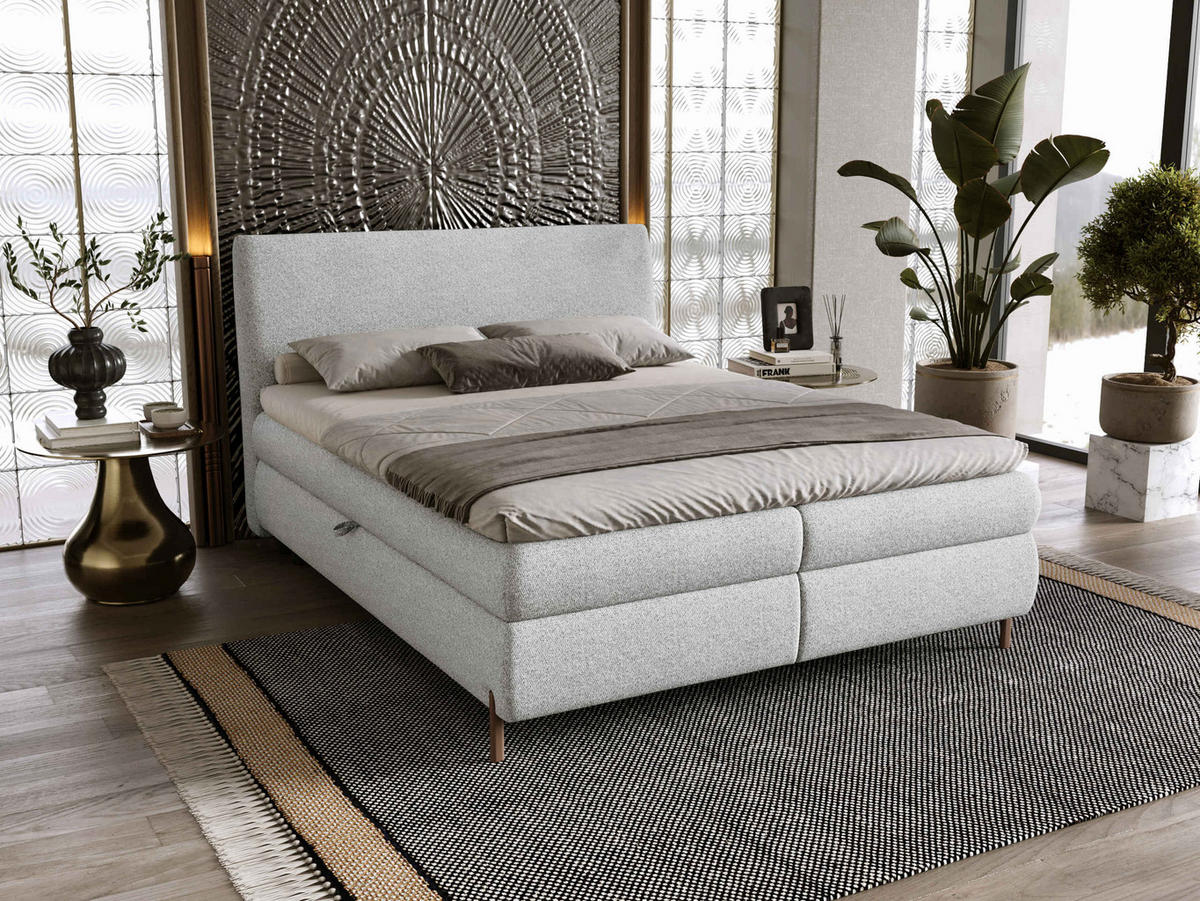 PAT CU LADĂ DE DEPOZITARE Evia - H3 - maro/gri deschis, material textil/compozit lemnos (140/200cm) - MIRJAN24