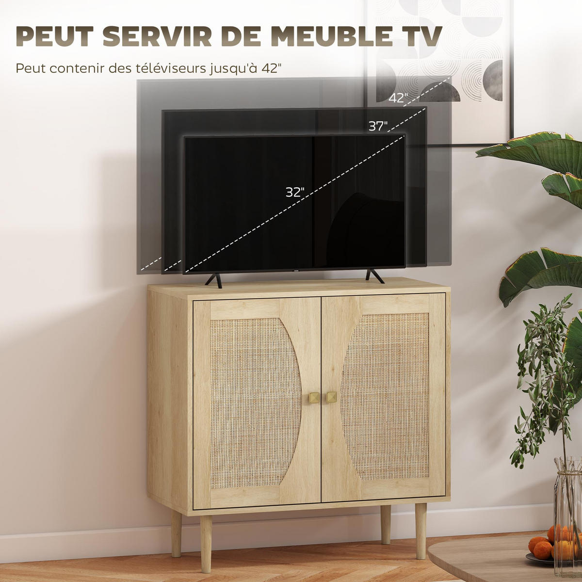 SIDEBOARD DE-11247 2 Türen mit Rattan-Front Naturholz - Naturfarben, Holzwerkstoff (80/79/38cm) - ComfortXL