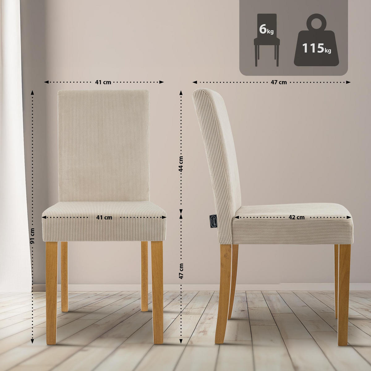 ESSZIMMERSTUHL Cord Hellbraun - Hellbraun/Naturfarben, Holz/Textil (41/91/47cm) - CLP