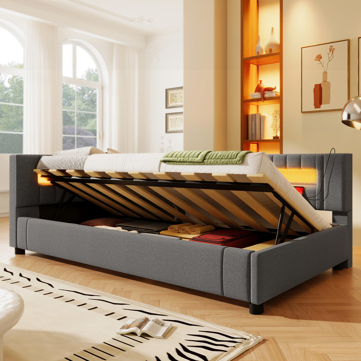 TAGEBETT 90x200cm Grau LED-Licht Hydraulik USB Leinen - Grau, Holz (90/200cm) - FLIEKS