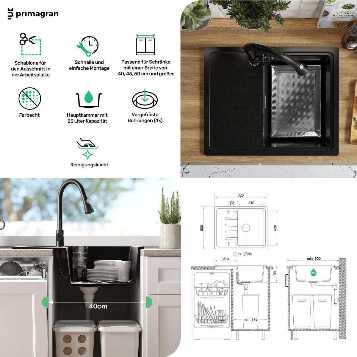 SPÜLBECKEN Mailand, 2-er set Schwarz Metallic 62/50 cm 1 Becken + Ablauf-Set ab 40er Unterschrank - Chromfarben/Schwarz Hochglanz, Kunststoff (62/19/50cm) - Primagran