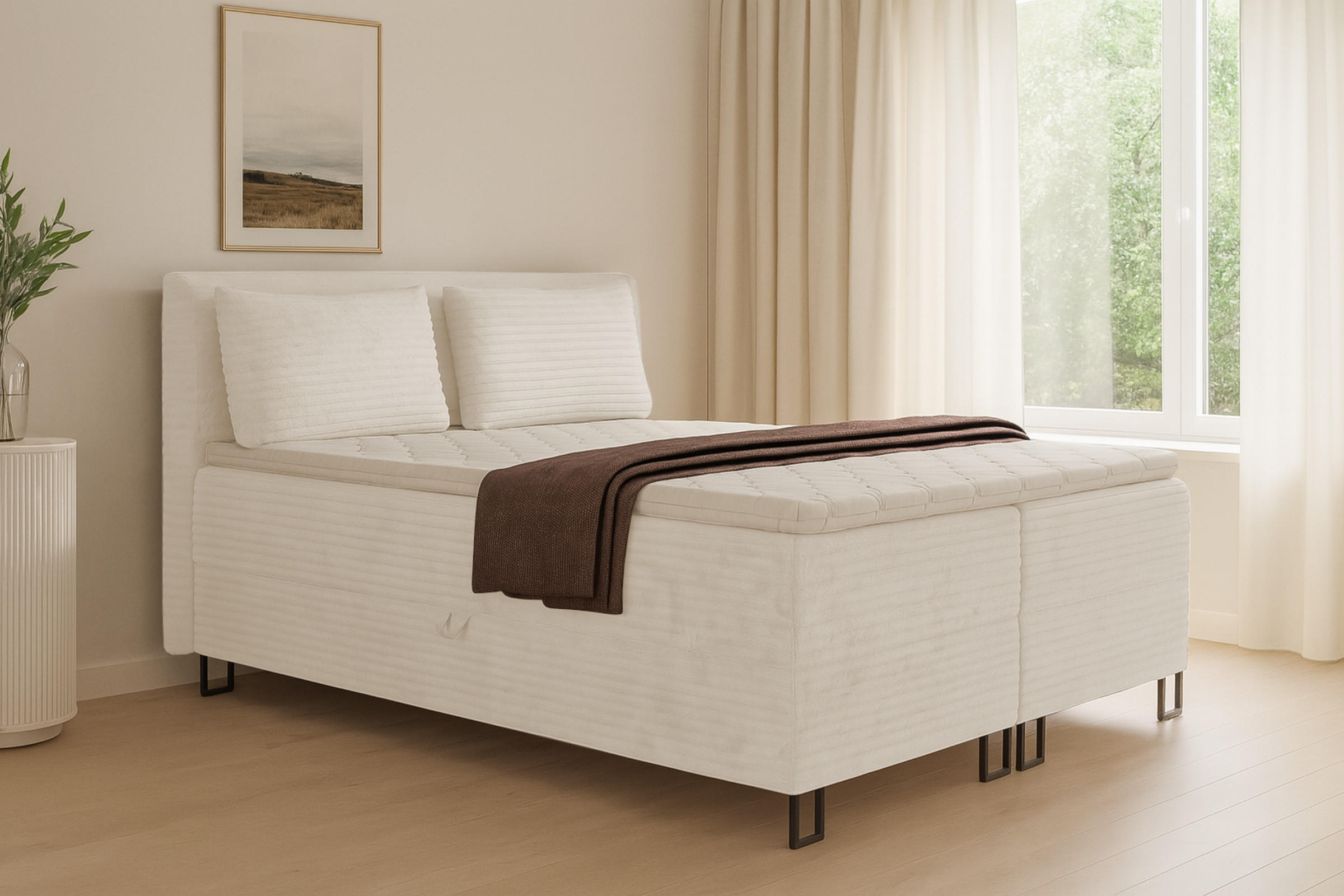 BOXBETT TEXAS 140/200 in Cord Creme mit Bonell-Federkernmatratzen H3 - Creme, Holz/Holzwerkstoff (140/200cm) - Deine Möbel 24