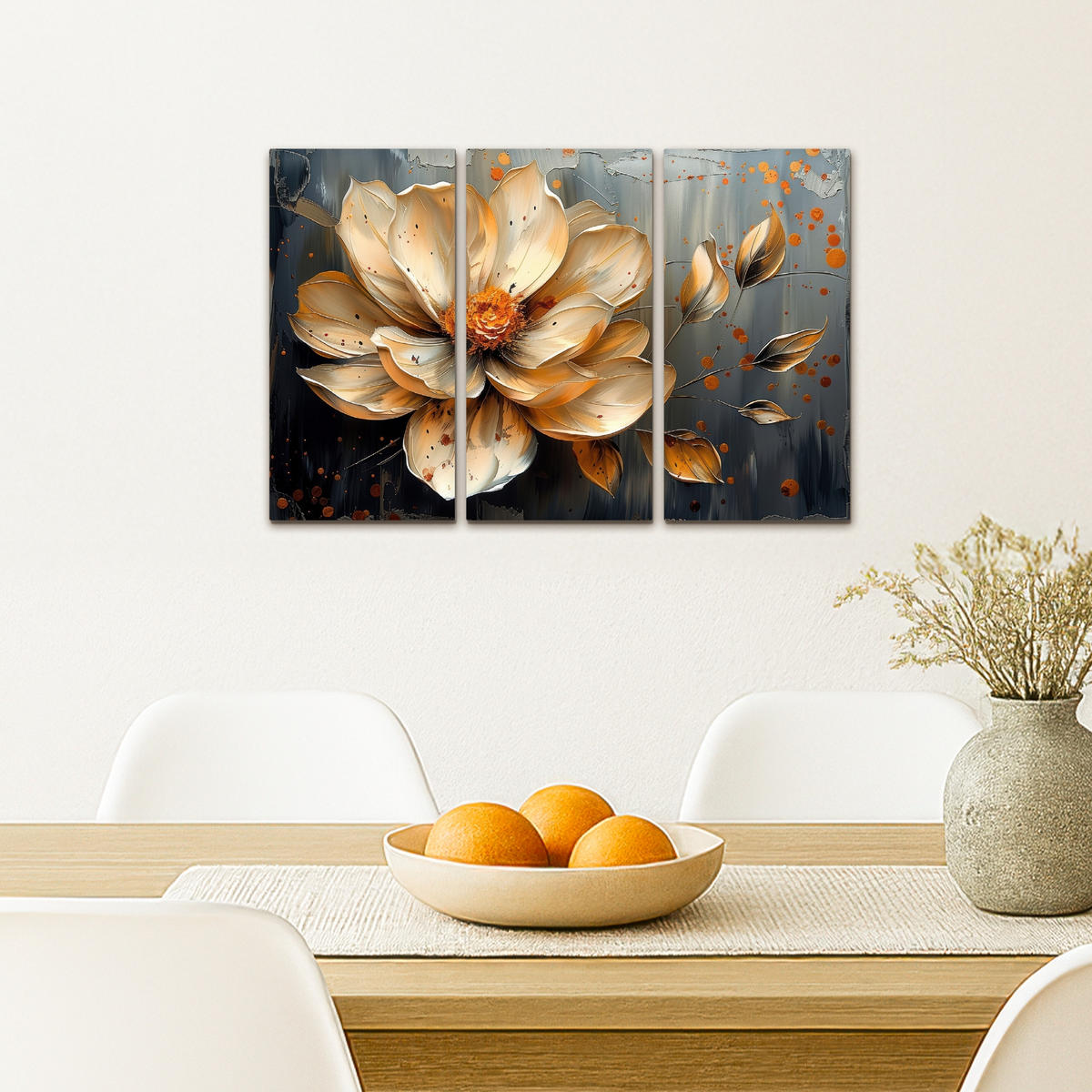 LEINWANDBILD 3er Set Blume - Gold - Abstrakt - Farbe 60x40 cm - Creme, Textil (60/40cm) - MuchoWow