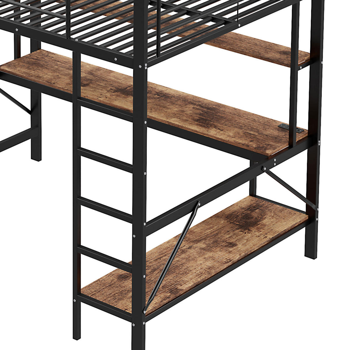 HOCHBETT 140/200 cm in Schwarz mit Schreibtisch, Regal und LED-Beleuchtung - Schwarz, Metall (140/200cm) - Flora Grace
