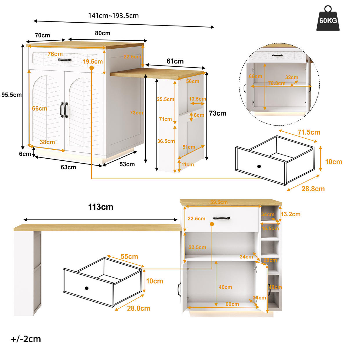 KÜCHENINSEL 80/70/95,5 cm weiß aus MDF mit Ausziehtisch - Weiß, Holzwerkstoff (80/95.5/70cm) - OKWISH