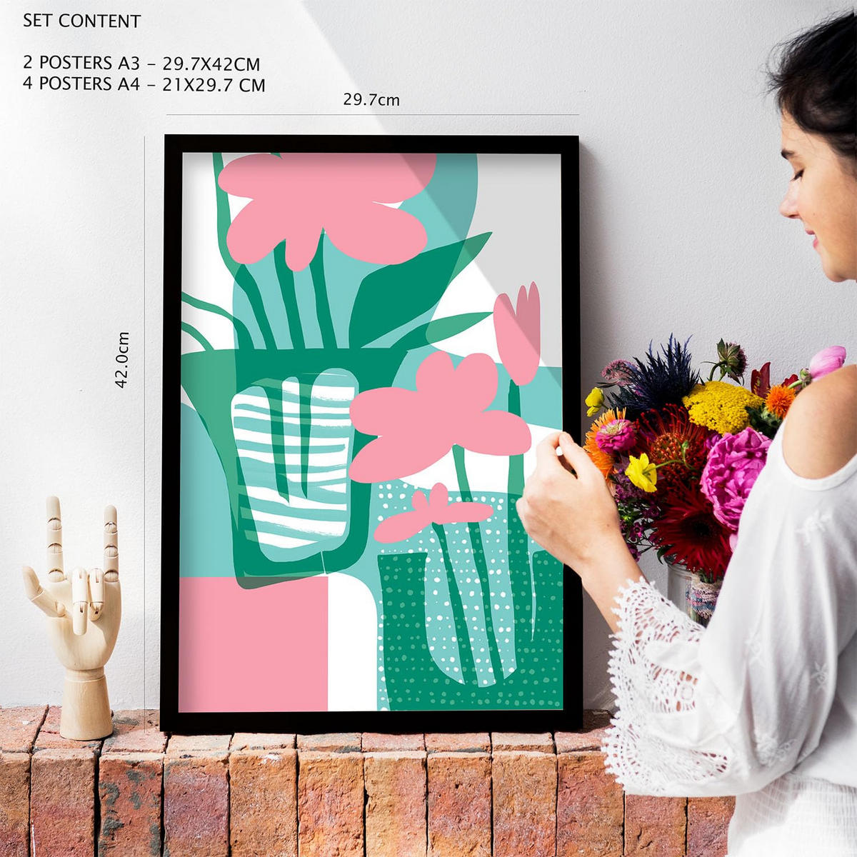 POSTER Set Mit 6 Pinkes Grün In Blume Zusammenfassung Ästhetische Dekorative Gemälde Für Ihr Wohnzimmer Zuhause A3 & A4 Rahmen Aus Hellem Holz - Beige, Papier (29/3cm) - Nacnic