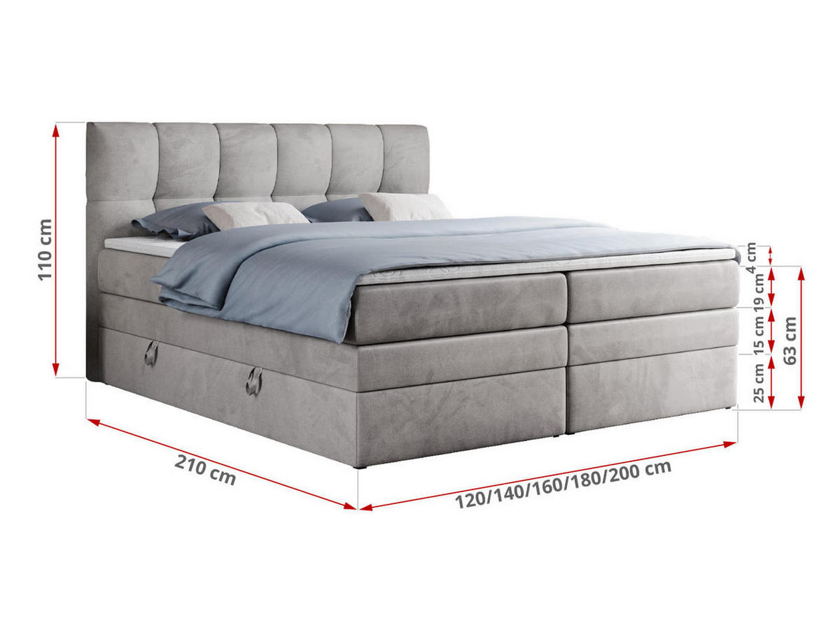 BOXSPRINGBETT ALVIN KING 120/200 Hellgrau Velvet - H3 - Hellgrau, Holz/Textil (120/200cm) - MKS