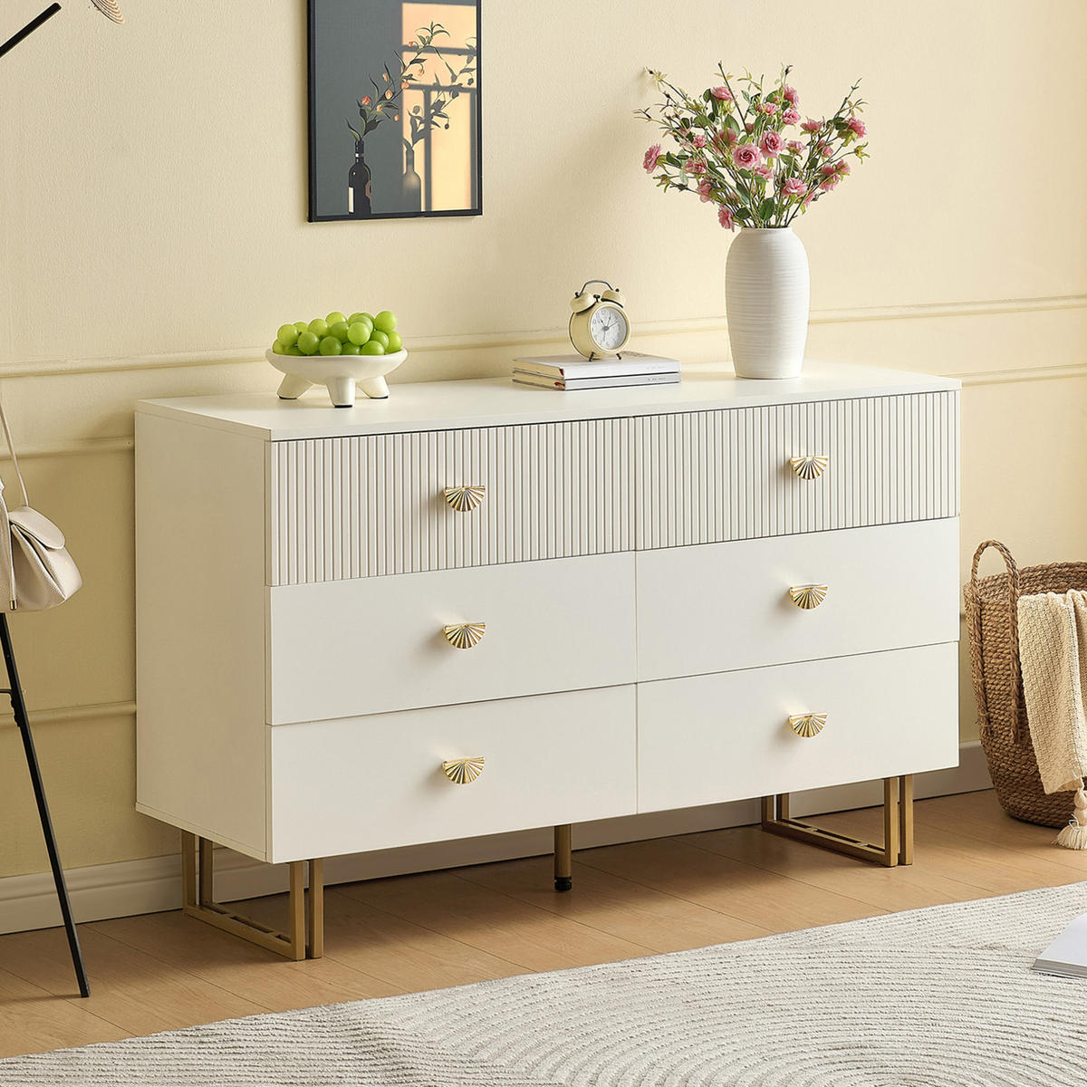 SIDEBOARD mit 6 Schubladen, weißes MDF und goldfarbene Zinkgriffe, 120/40/75 cm,weiß - Weiß, Holzwerkstoff (120/75/40cm) - Redom
