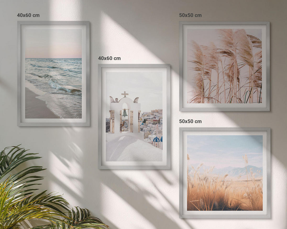 BILDER SET 4er Set - 50x50 cm & 40x60 cm Silberner Rahmen - Pflanzen, Meereswellen, Aussicht, Häuser - Silberfarben, Kunststoff (50/50cm) - TULUP