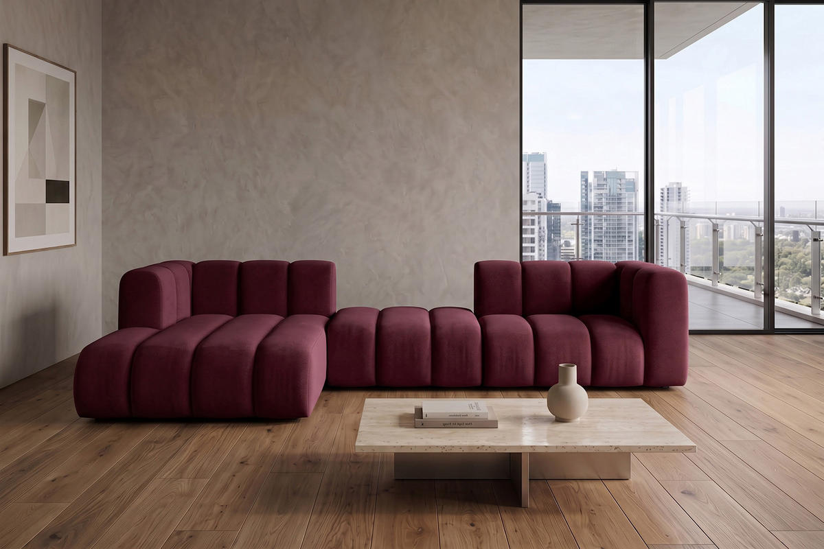 ECKSOFA Modulares In L-Form, Velvet-Stoff Riviera, Rotwein, Links, GRAND 319 cm - Dunkelrot, Holz (319/175cm) - Kaiser Möbel