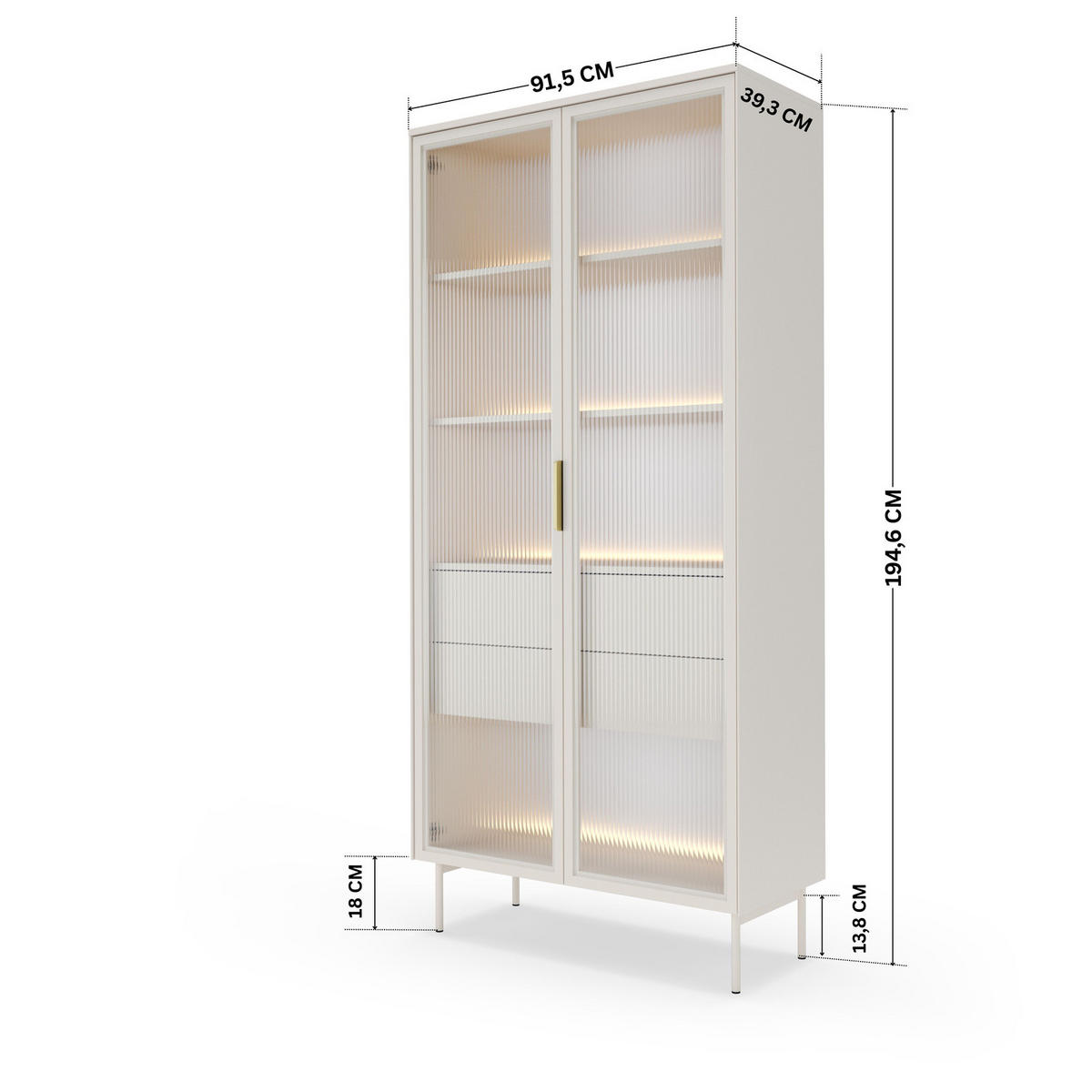 VITRINE LUMI 92 cm Kaschmir - mit Riffelglas und LED-Beleuchtung - Kaschmir/Goldfarben, Holz/Holzwerkstoff (92/195/39cm) - Ravio