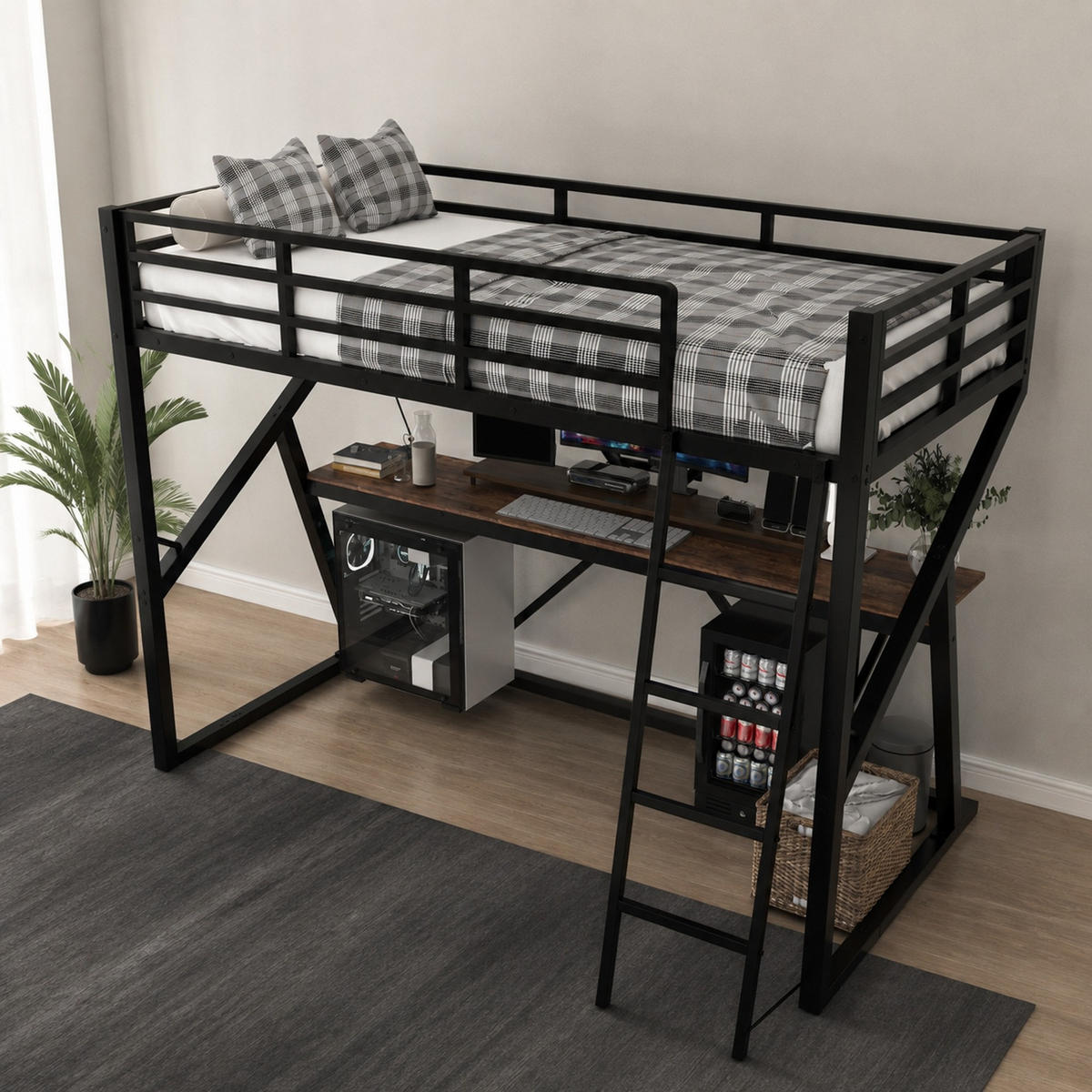 HOCHBETT 90/200 cm aus Metall mit Schreibtisch, LED, Schwarz - Schwarz, Metall (90/200cm) - OKMYHOME
