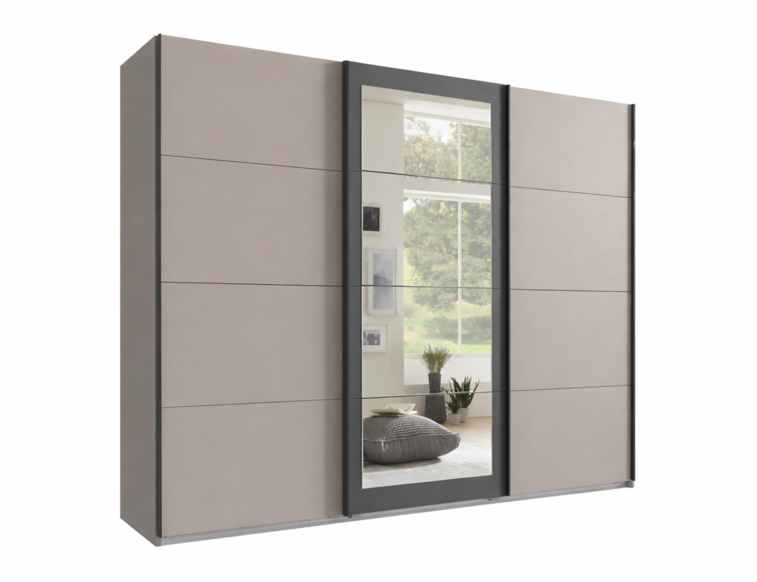 SCHWEBETÜRENSCHRANK 3-türig, Spiegeltür 270/210/65 cm, Kleiderstangen, Einlegeböden, Sand Grau mit Absetzungen in Anthrazit / 22007 - Sandfarben/Anthrazit, Holzwerkstoff/Metall (270/208/65cm) - luma-home