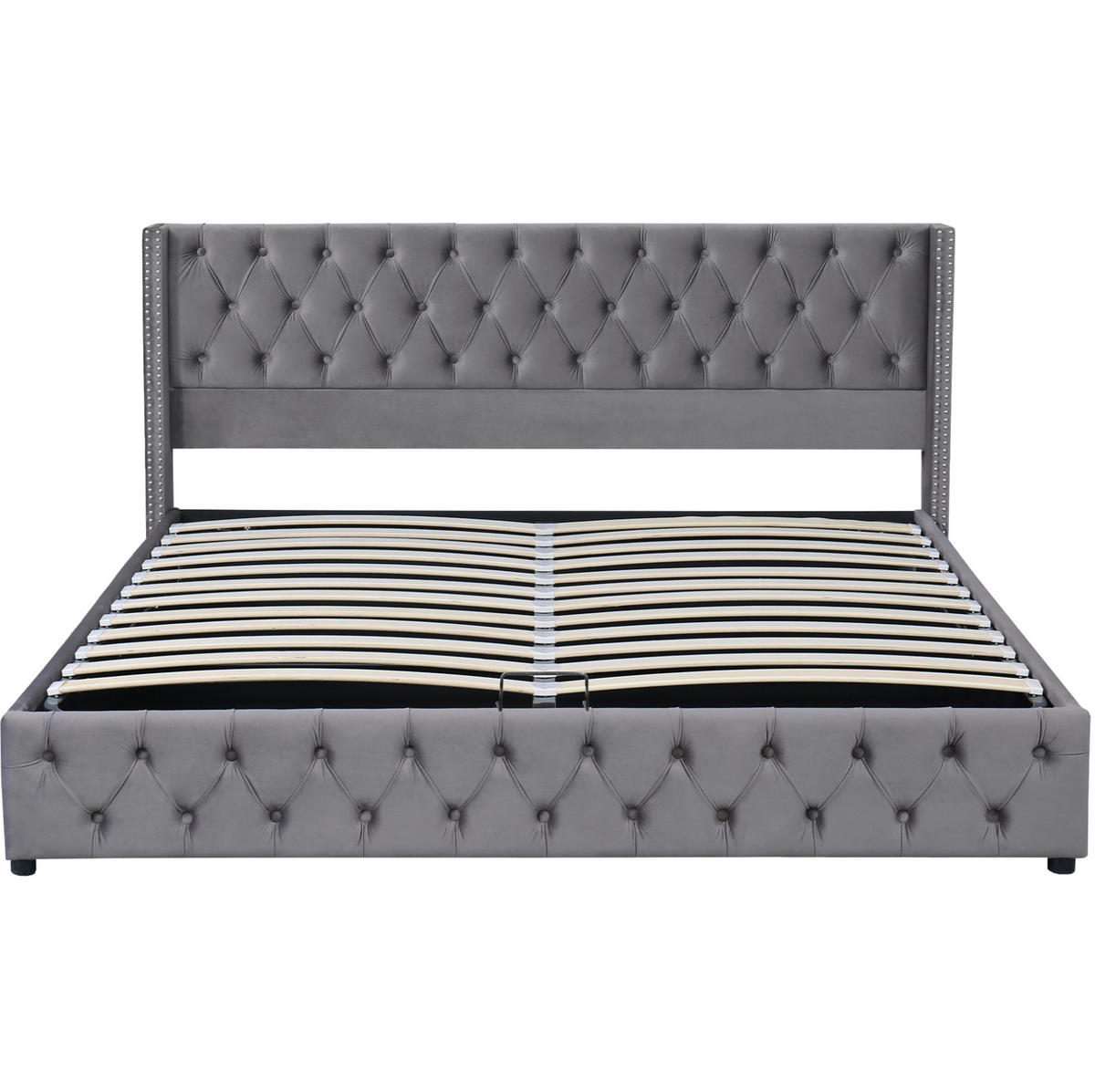 POLSTERBETT aus Velours 140x190 cm Grau mit hydraulischem Bettkasten und Chesterfield-Steppung - Grau, Textil (140/200cm) - Modfu