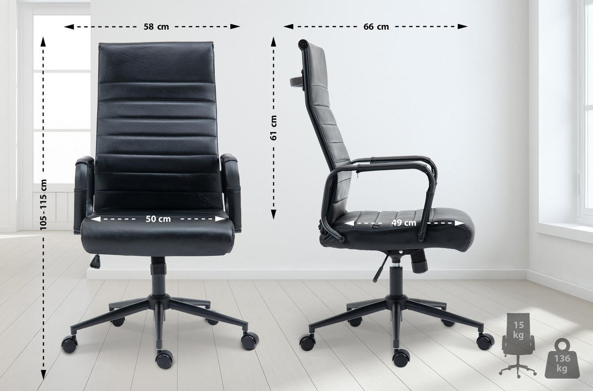 KONTORSSTOL Kolumbus äkta läder - Svart, Läder/Metall (58/105/66cm) - CLP
