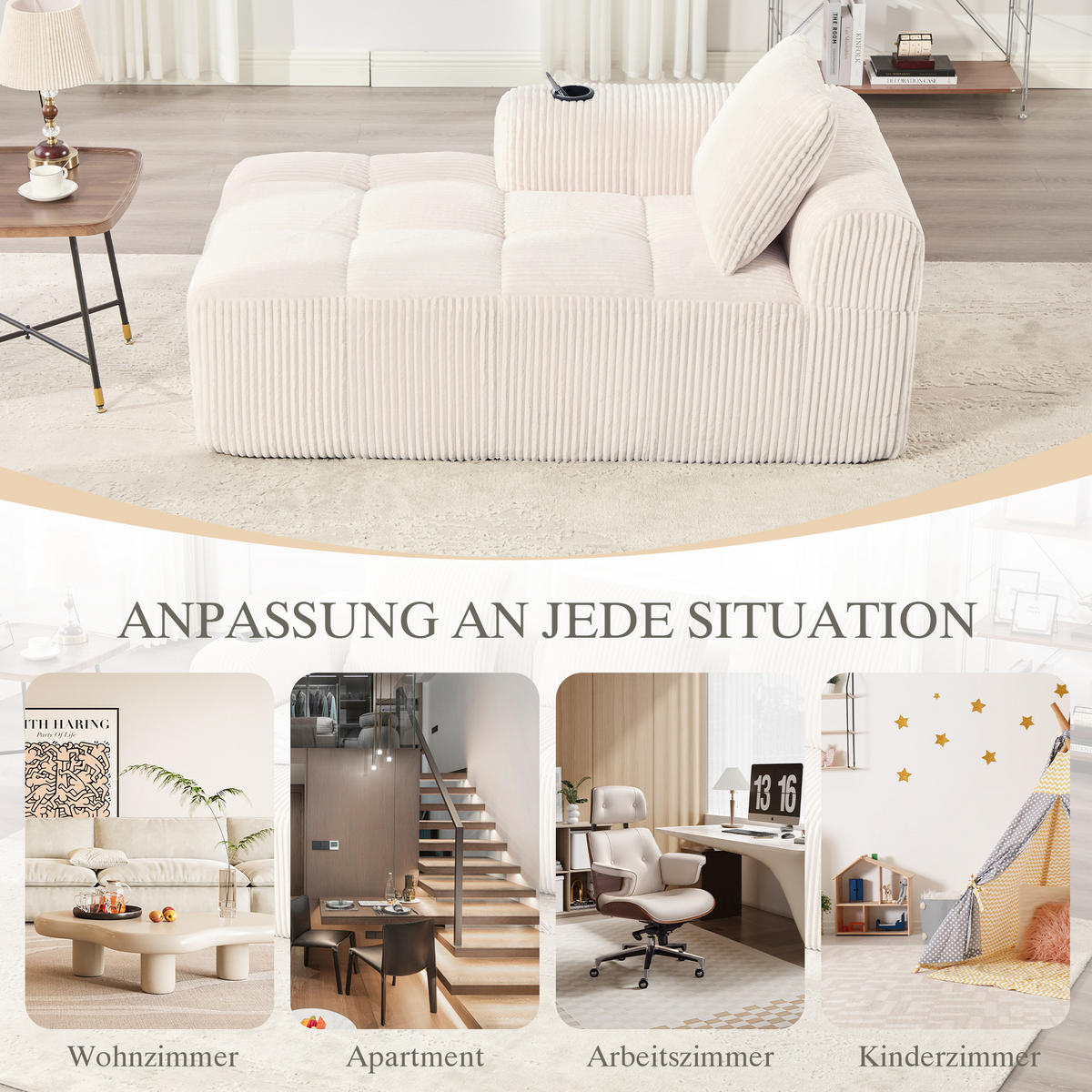 CHAISELONGUE in Cord (158 cm) mit Getränkehalter & Seitentaschen - Beige, Textil (158/61/93cm) - Urban Meuble