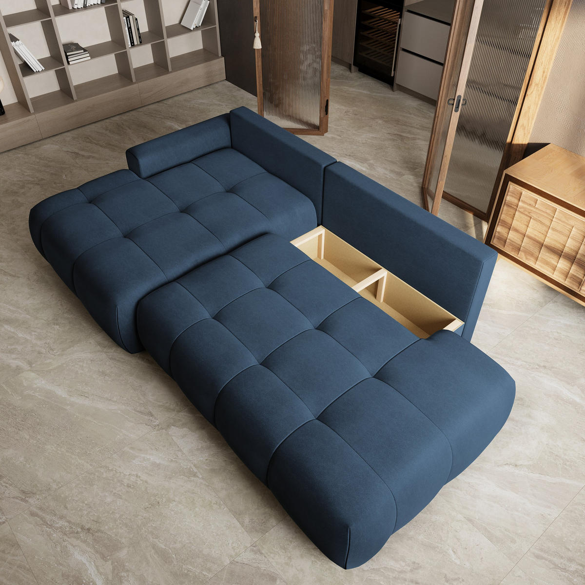 ECKSOFA FLUMA CL L-S Blau Samtstoff mit Schlaffunktion - Blau, Holzwerkstoff/Textil (279/158cm) - MASSENO