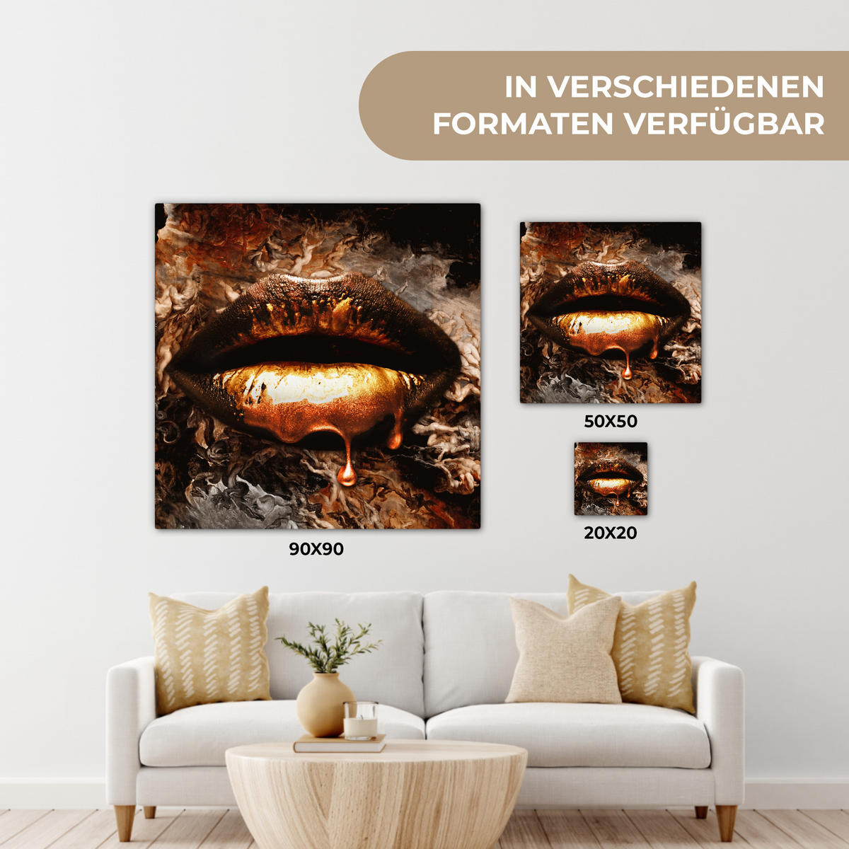 LEINWANDBILD Gold - Lippen - Kunst - Gold - Luxus - Abstrakt 20x20 cm - Kupferfarben, Textil (20/20cm) - MuchoWow