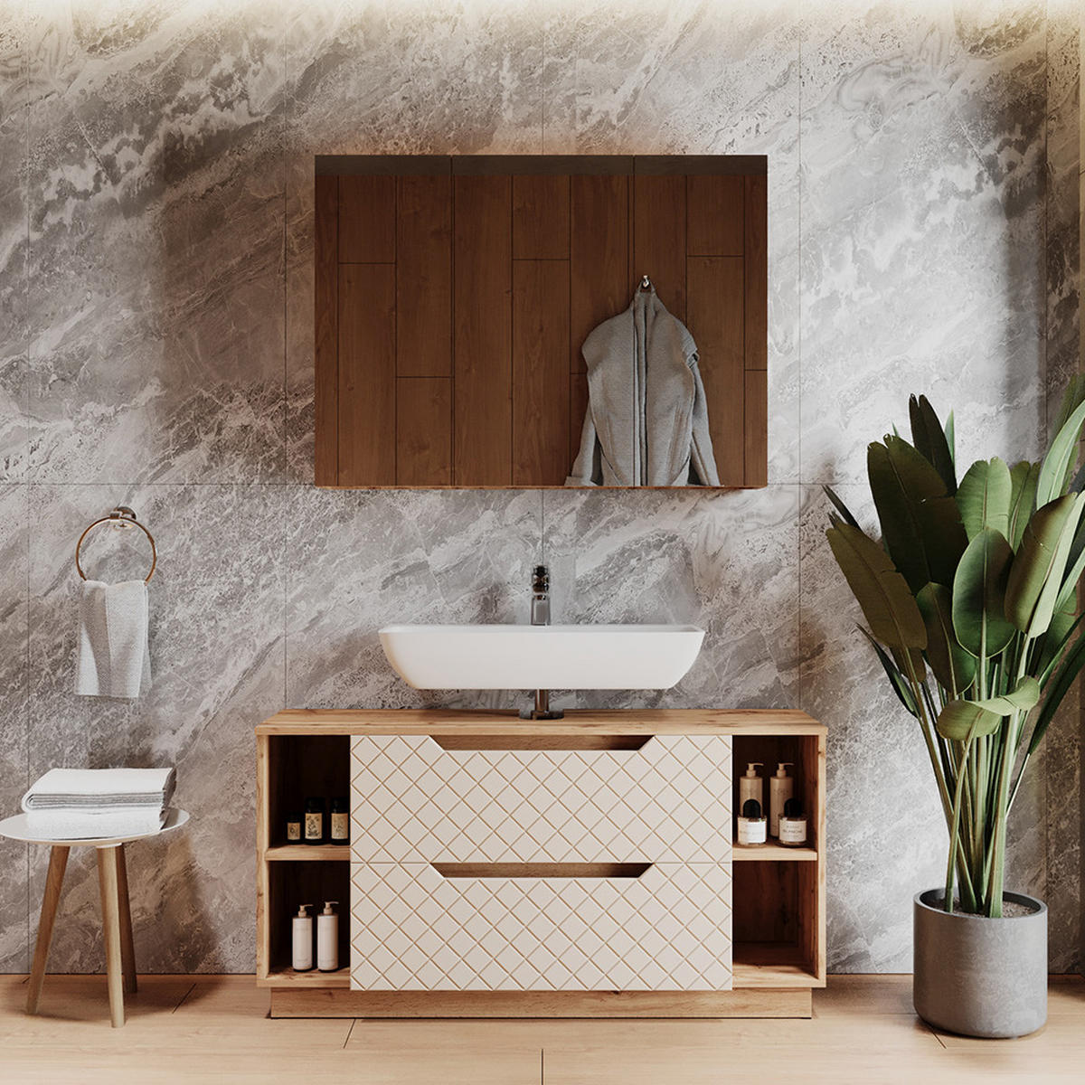 BADMÖBEL-SET Lotta Eiche/Kaschmir mit Kachelstruktur 2 Teile - Kaschmir/Eichefarben, Holzwerkstoff (119.2/62.5/35cm) - Vicco