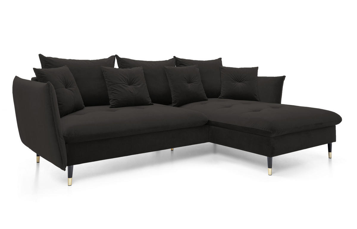 ECKSOFA GLAM mit Schlaffunktion, Ottomane & goldenen Füßen – Samtsofa im Glamour-Stil mit Zierkissen, 258x167x91 cm, rechte, schwarz - Schwarz, Holz/Textil (258/167cm) - DomoHome