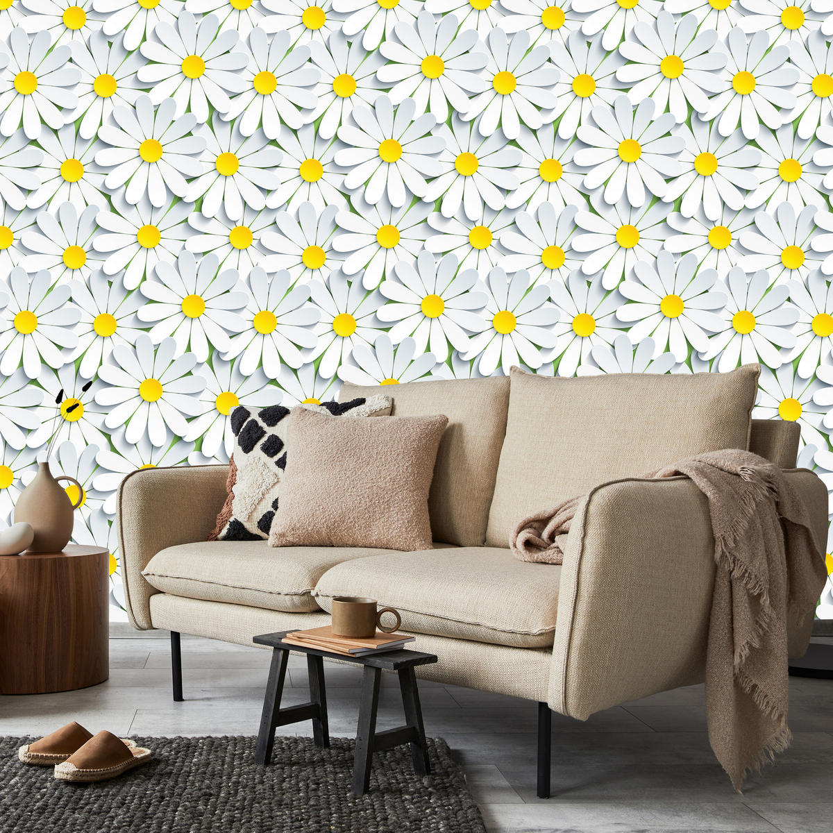 VLIESTAPETE Kamillenblüten – Weiß, Gelb, Grau – 50x1000 cm - Gelb/Weiß, Papier (50/1000cm) - Muralo