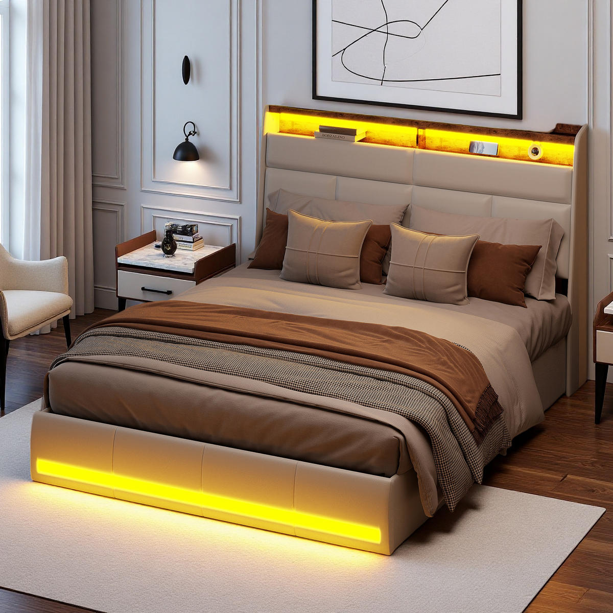 POLSTERBETT 140x200 cm Weiß PU Leder LED Gaslift Bettkasten - Weiß, Holz (140/200cm) - SHOPENTRA