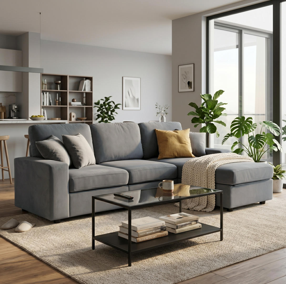 ECKSOFA 245,5/150,5/86,5 cm grau aus Kurzflorstoff mit 4 Staufächern - Grau, Kunststoff (245.5/150.5cm) - OKWISH