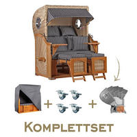 STRANDKORB Komplettset Düne Teak PE Shell Dessin 500 - Braun/Grau, Naturmaterialien/Metall (125/170/80cm) - Mr. Deko