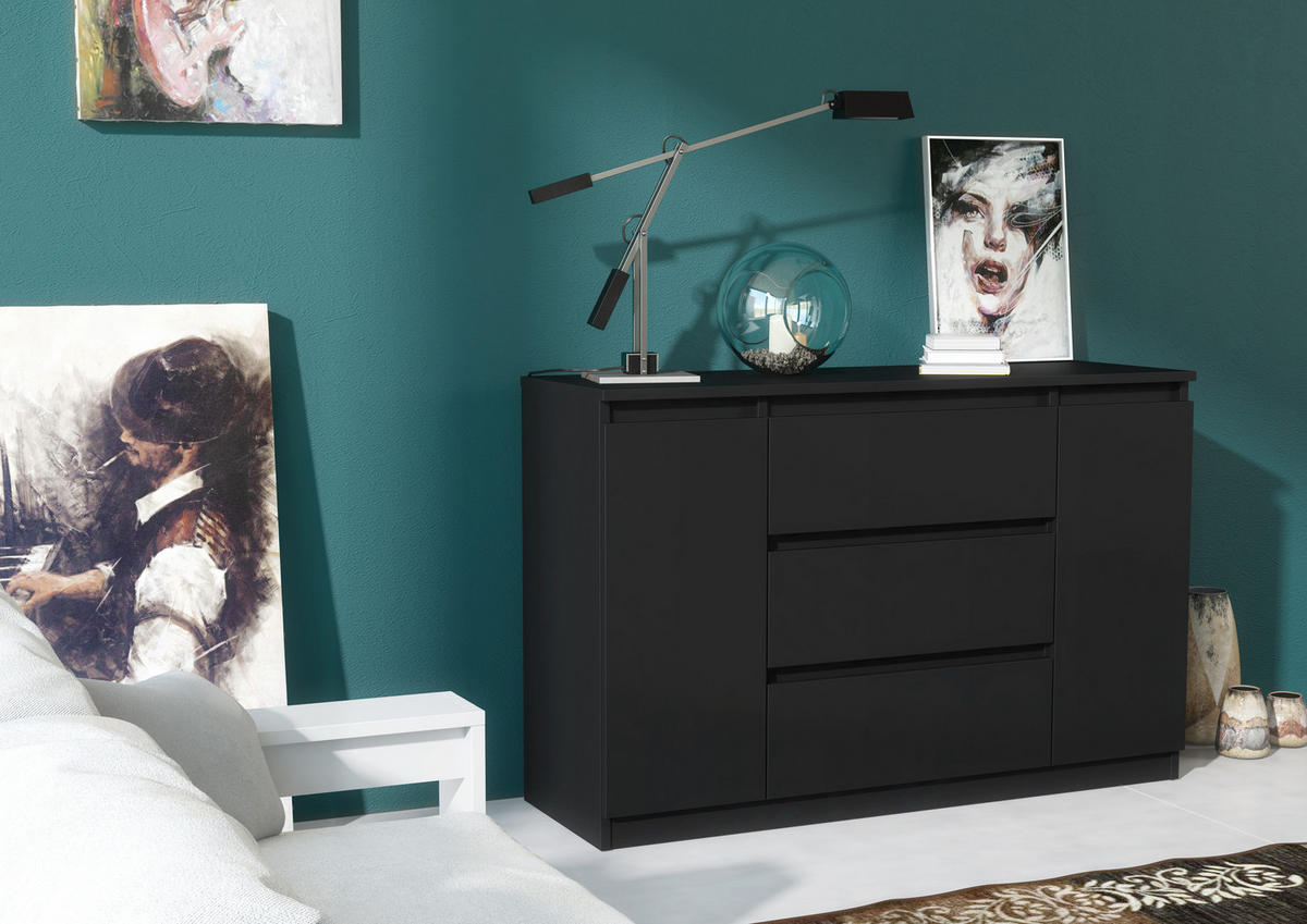 KOMMODE NUDO 138,5/78,2/39cm mit 3 Schubladen 2 Türen Schwarz - Schwarz, Holzwerkstoff (138.5/78.2/39cm) - MASSENO