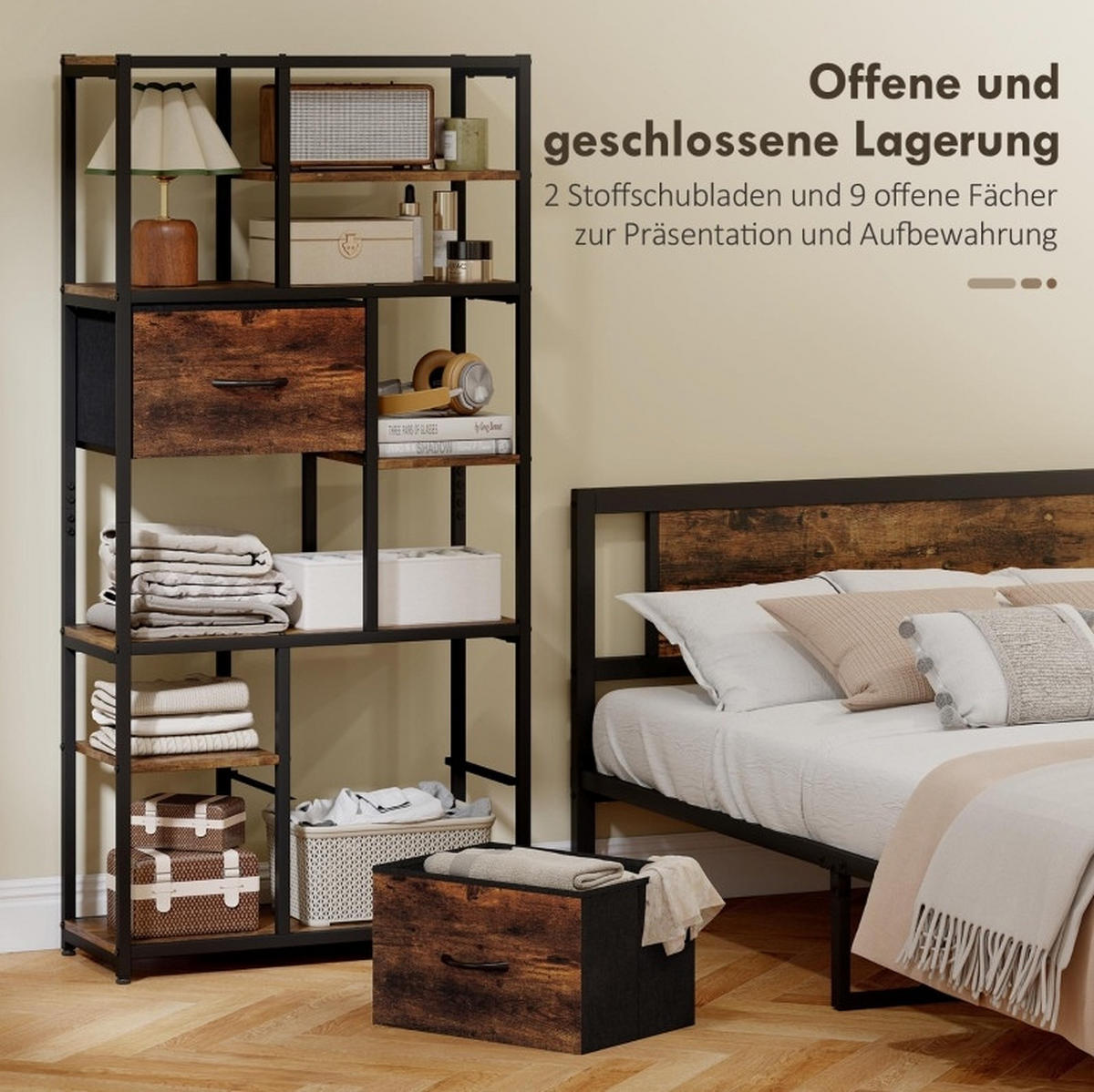 BÜCHERREGAL 72,5/30/150 cm mit 9 offenen Fächern und 2 Stoffschubladen - Braun, Holzwerkstoff (72.5/150/30cm) - BEAOK