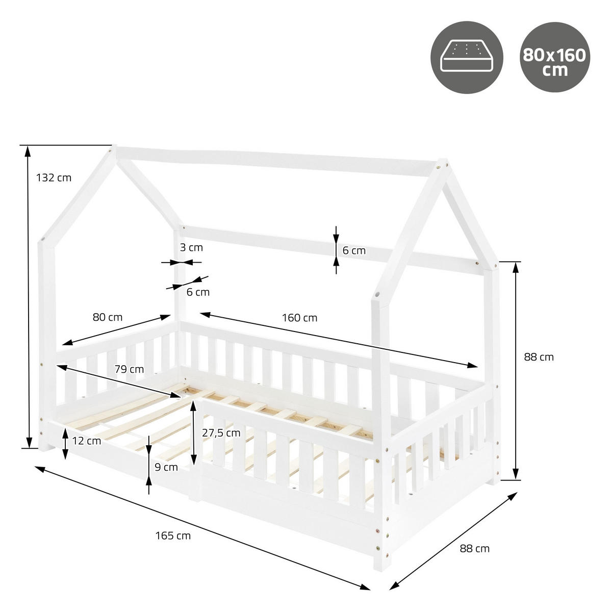 KINDERBETT mit Dach 80x160 cm Weiß - Weiß, Holz (80/160cm) - ML-DESIGN