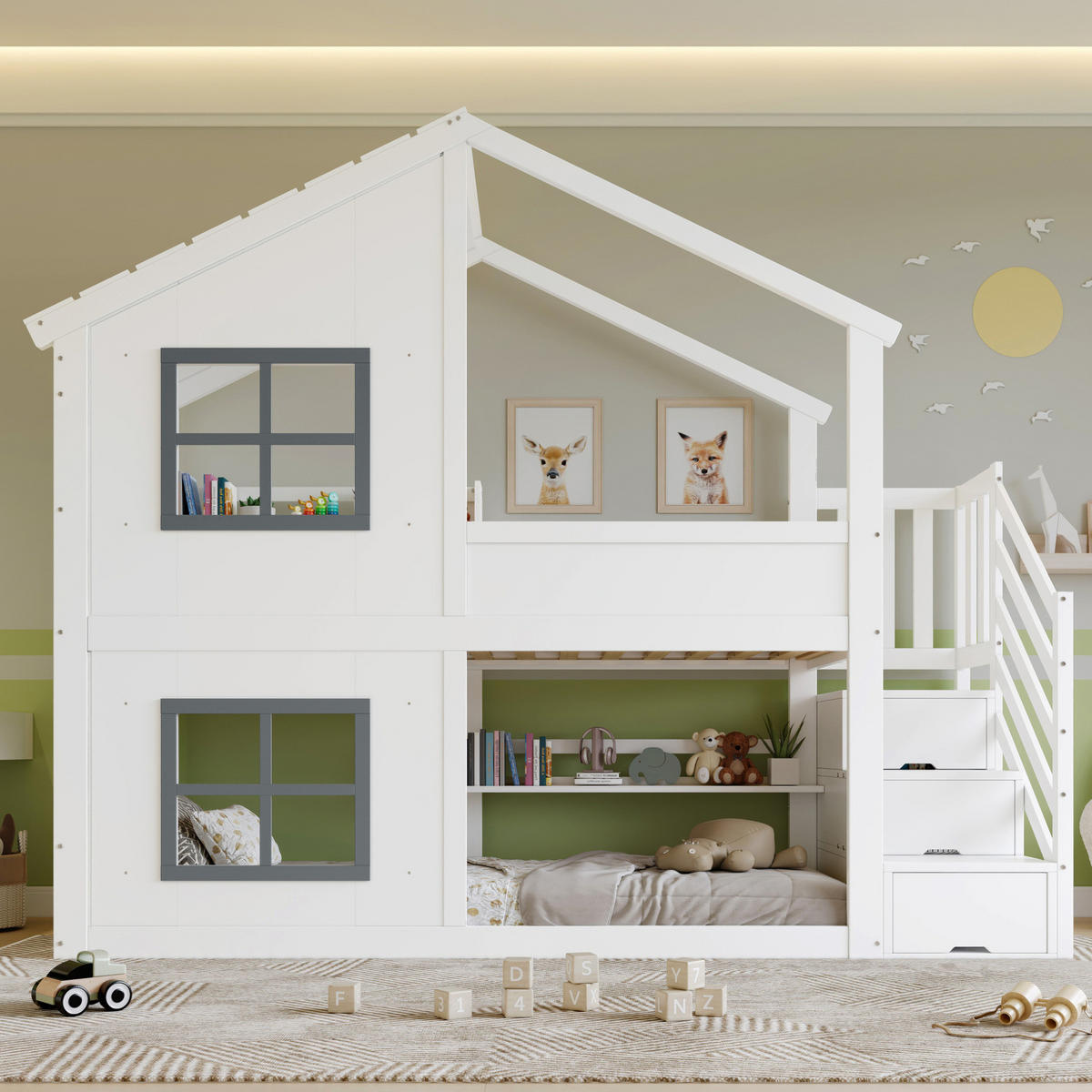 ETAGENBETT 90/200 cm mit Treppenregal, Fenstern und Dach, Kiefer/MDF, Weiß/Grau - Weiß, Holz (90/200cm) - Redom