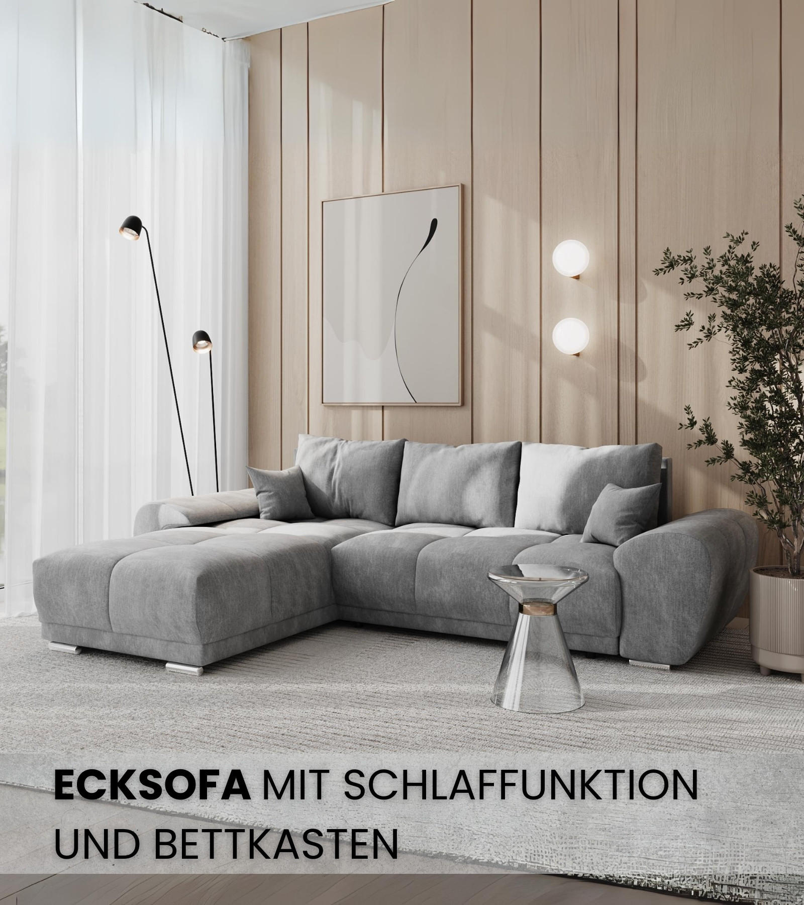 ECKSOFA Nubes mit Schlaffunktion Grau Plüsch - Silberfarben/Grau, Kunststoff/Textil (298/184cm) - Bromarkt