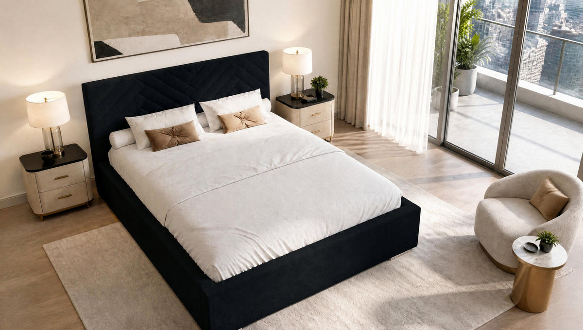 POLSTERBETT 140x200 cm AURA, Doppelbett mit Bettkasten und Lattenrost aus Holz, Velourstoff: Schwarz - Schwarz, Holz/Textil (140/200cm) - Marpur