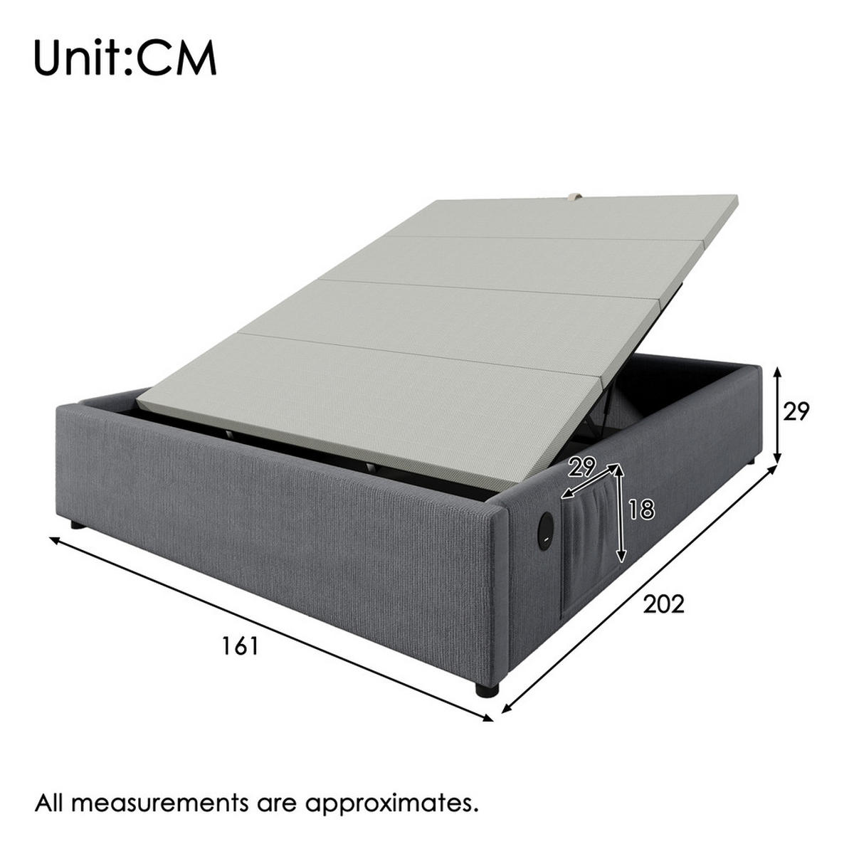 POLSTERBETT 160x200cm Doppelbett Stauraumbett mit USB-C & Lattenrost Grau - Grau, Holz - FLIEKS