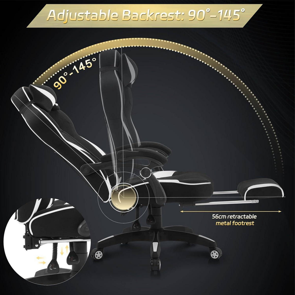 GAMINGSTUHL Stoff Stoff Kühl im Sommer Ergonomischer, 150 kg Belastbarkeit - Schwarz/Weiß, Kunststoff/Textil (70/128/70cm) - Woltu