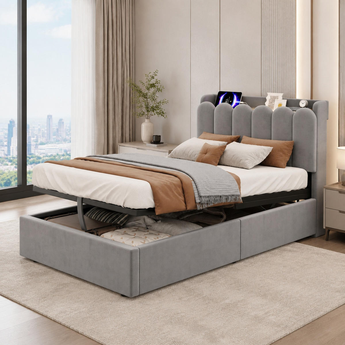 POLSTERBETT 90/200 mit Bettkasten, USB, Type-C und Leselampe in Grau - Grau, Holzwerkstoff/Textil (90/200cm) - EVRYAE