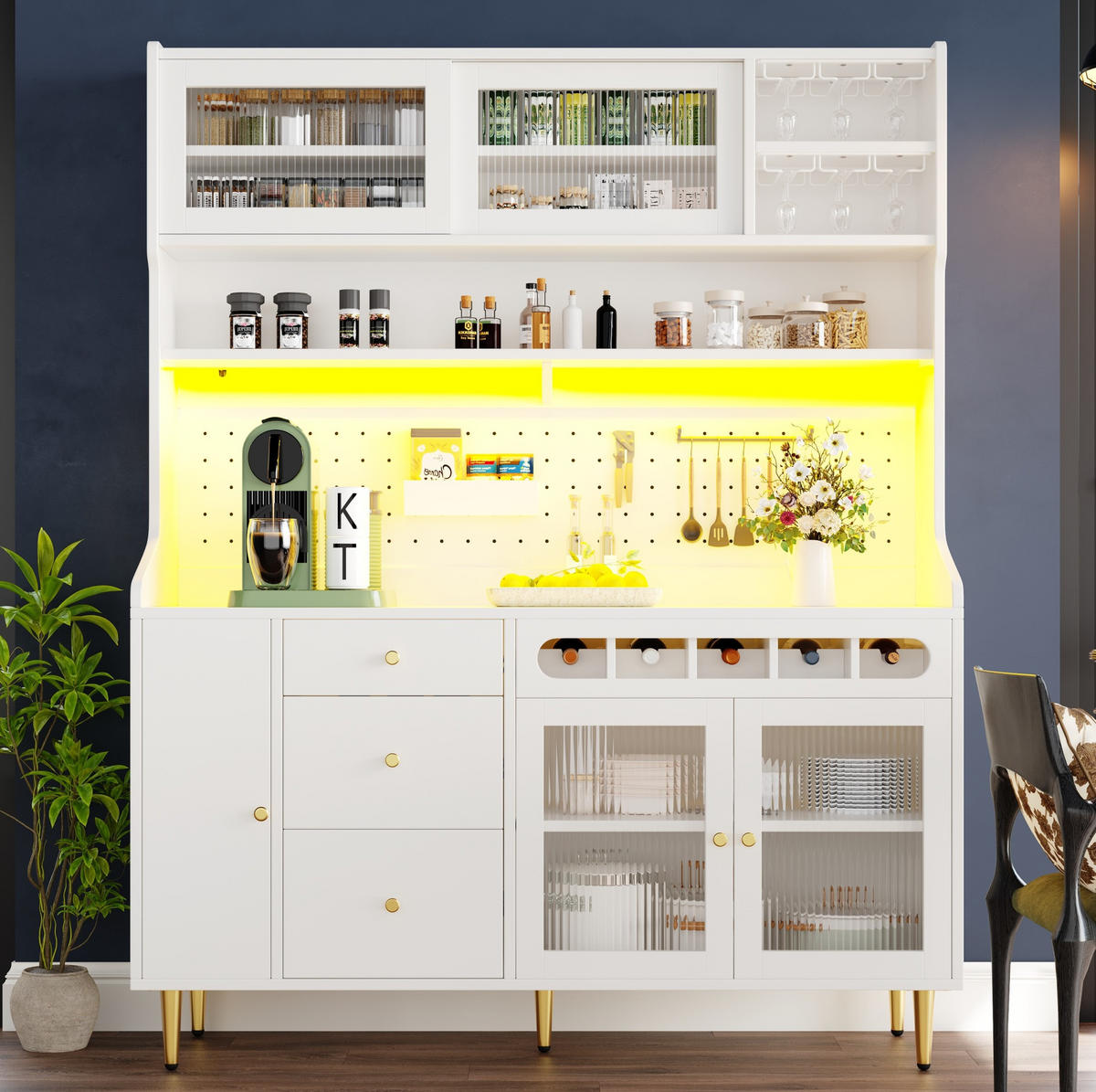 BUFFETSCHRANK 145/39/171 cm mit LED-Beleuchtung, verstellbaren Einlegeböden und Weinregal, Weiß - Weiß, Glas (145/171/39cm) - Redom